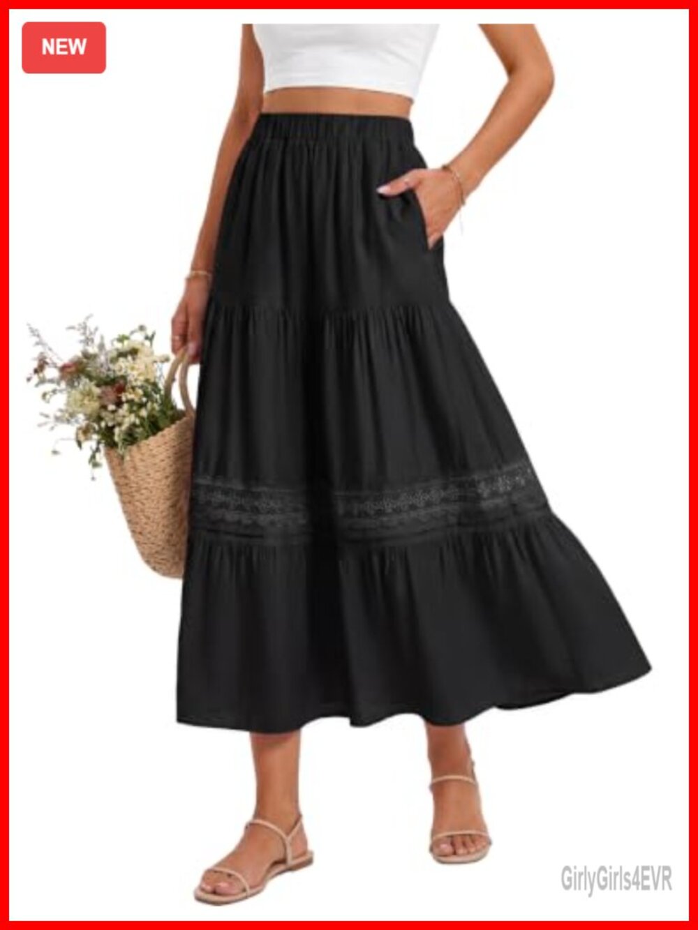 Women's Maxi Skirt Summer Long Flowy High Waist with Pockets Lace Trim